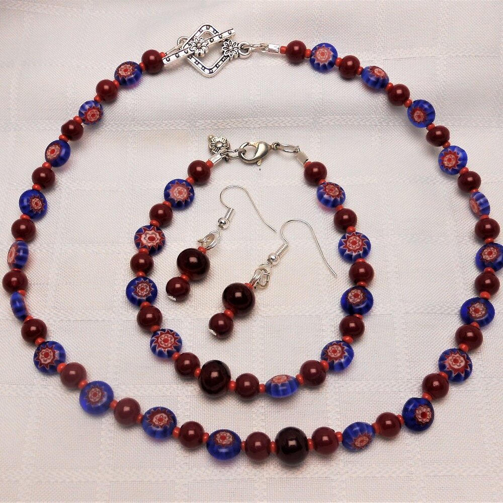 No 832 Handmade necklace-bracelet and earrings made of Millefiori glass beads, p